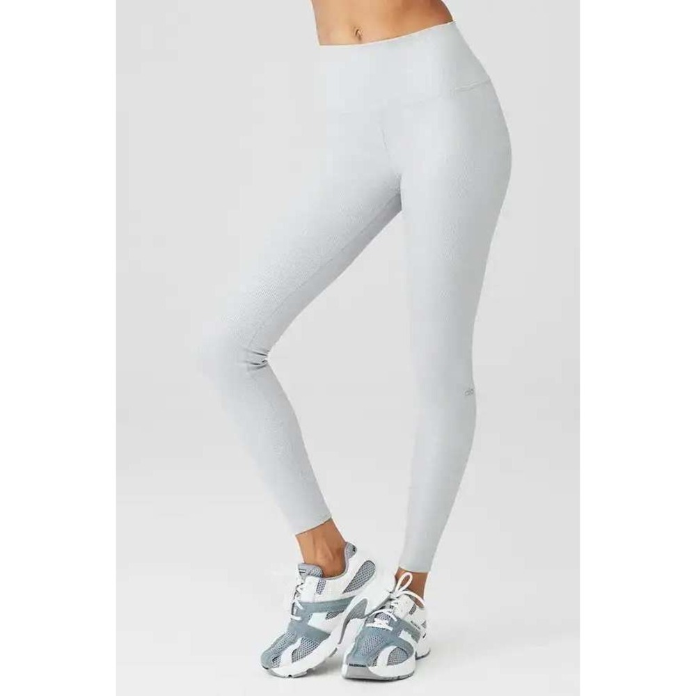 Alo Yoga High Waist Silver Shimmer Ribbed Leggings Silver Metallic Small